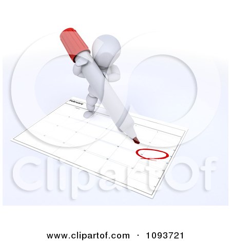 Clipart 3d White Character Circling Valentines Day On A Calendar - Royalty Free Illustration by KJ Pargeter