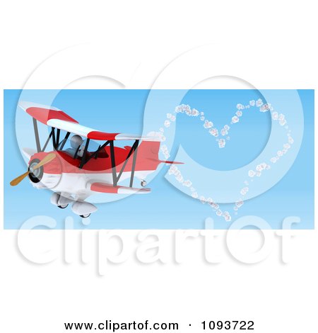 Clipart 3d White Character Flying A Red Biplane And Creating A Valentine Heart In The Sky - Royalty Free Illustration by KJ Pargeter
