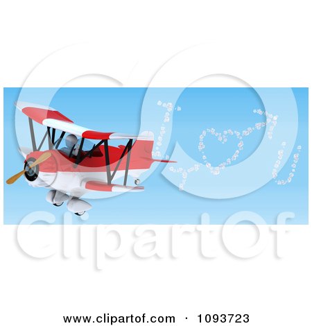 Clipart 3d White Character Flying A Red Biplane And Creating I Heart U In The Sky - Royalty Free Illustration by KJ Pargeter