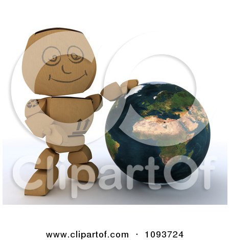 Clipart 3d Cardboard Box Man Resting A Hand On A Globe - Royalty Free Illustration by KJ Pargeter