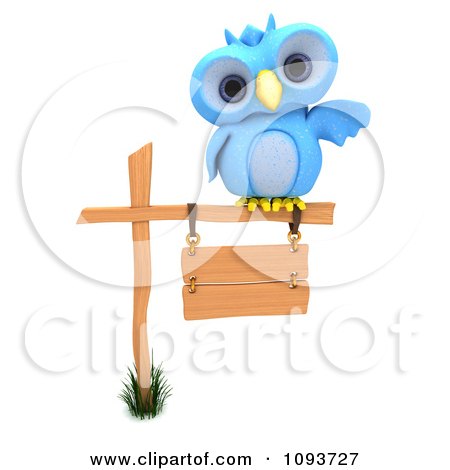 Clipart 3d Blue Owl Resting On A Sign - Royalty Free Illustration by KJ Pargeter