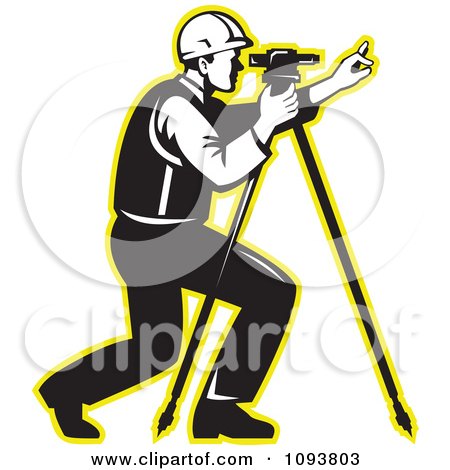 Clipart Retro Black And White Surveyor Using A Theodolite With A Yellow Outline - Royalty Free Vetor Illustration by patrimonio
