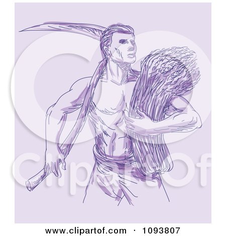 Clipart Purple Sketched Wheat Farmer With A Scythe - Royalty Free CGI Illustration by patrimonio