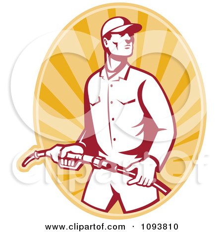Clipart Retro Gas Station Attendant Jockey Holding A Nozzle Over Orange Rays - Royalty Free Vetor Illustration by patrimonio