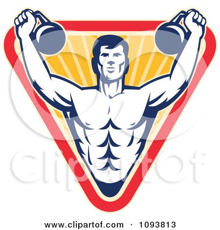 Clipart Retro Male Bodybuilder Using Kettle Bells Over A Triangle - Royalty Free CGI Illustration by patrimonio