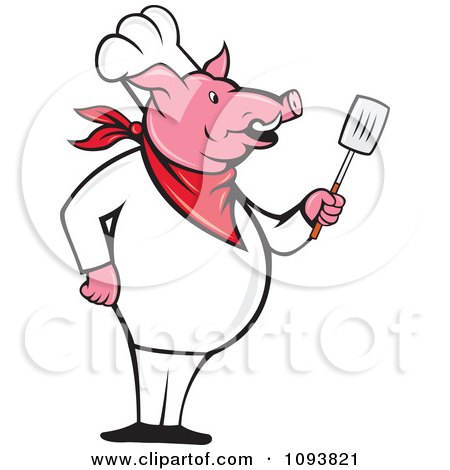 Clipart Pig Chef Standing Upright And Holding A Spatula - Royalty Free Vetor Illustration by patrimonio