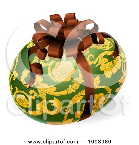 Clipart 3d Green And Gold Patterned Easter Egg With A Bow - Royalty Free Vector Illustration by AtStockIllustration