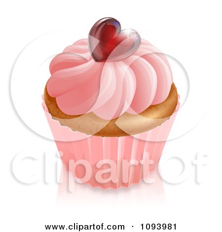 Clipart 3d Vanilla Cupcake With Pink Frosting And A Shiny Red Heart - Royalty Free Vector Illustration by AtStockIllustration