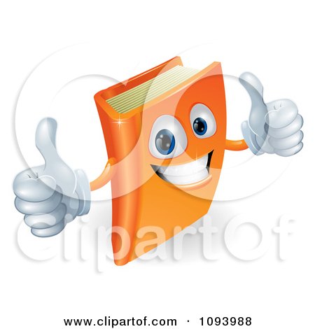 Clipart 3d Orange Book Character Smiling And Holding Two Thumbs Up - Royalty Free Vector Illustration by AtStockIllustration
