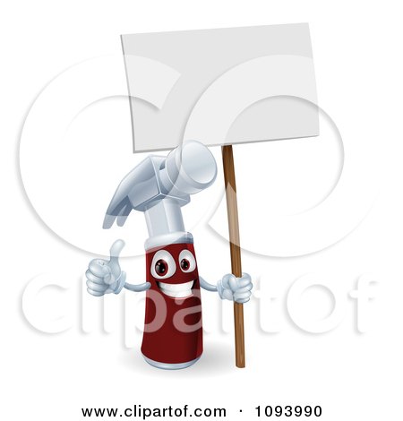 Clipart 3d Hammer Character Holding A Thumb Up And A Blank Sign - Royalty Free Vector Illustration by AtStockIllustration