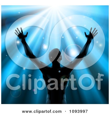 Clipart Silhouetted Man Holding Up His Arm Under Blue Rays - Royalty Free Vector Illustration by AtStockIllustration