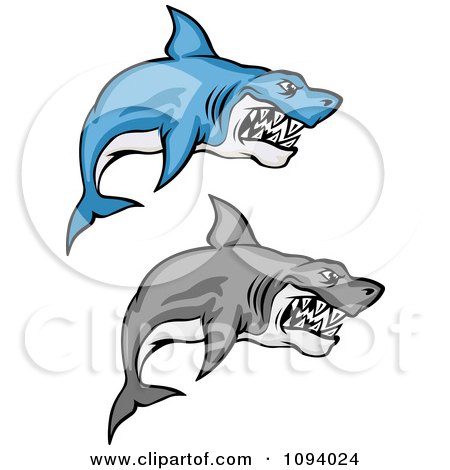 Clipart Grayscale And Blue Attacking Sharks - Royalty Free Vector Illustration by Vector Tradition SM