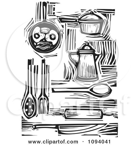Clipart Kitchen Items And Food Black And White Woodcuts - Royalty Free Vector Illustration by xunantunich