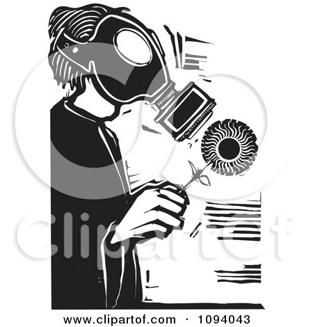 Clipart Man Wearing A Gas Mask And Holding A Flower Black And White Woodcut - Royalty Free Vector Illustration by xunantunich