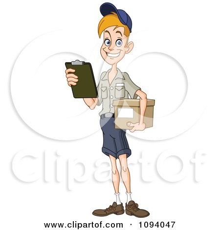 Clipart Friendly Mailman Or Delivery Courier Man Holding A Package - Royalty Free Vector Illustration by yayayoyo