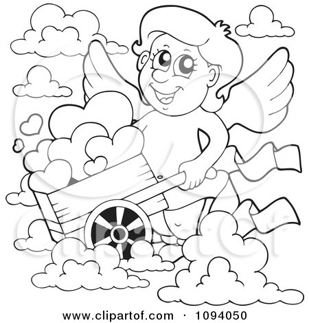 Clipart Outlined Valentine Cupid With A Wheelbarrow Of Hearts And Clouds - Royalty Free Vector Illustration by visekart