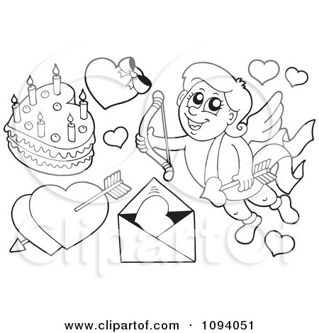 Clipart Outlined Valentine Cupid With Hearts A Love Letter And Cake - Royalty Free Vector Illustration by visekart