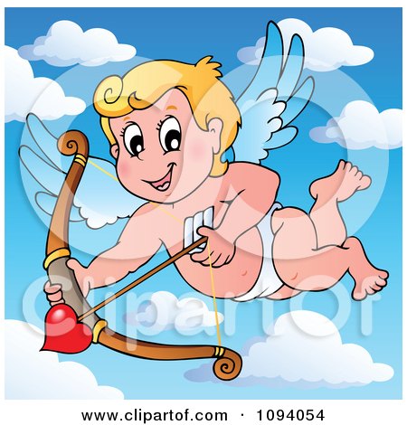 Clipart Valentine Cupid Shooting A Heart Arrow In The Sky - Royalty Free Vector Illustration by visekart