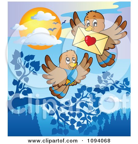 Clipart Brown Birds Exchanging A Love Letter Envelope - Royalty Free Vector Illustration by visekart