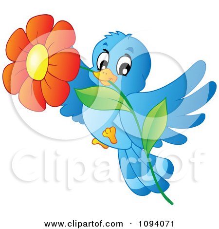 Clipart Blue Bird Flying With A Red Daisy - Royalty Free Vector Illustration by visekart