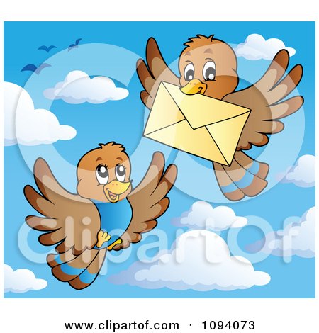 Clipart Brown Birds Exchanging A Letter Envelope - Royalty Free Vector Illustration by visekart