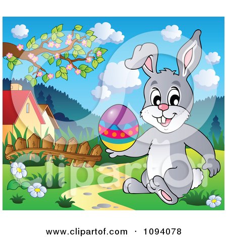 Clipart Easter Bunny Holding An Egg In A Meadow - Royalty Free Vector Illustration by visekart
