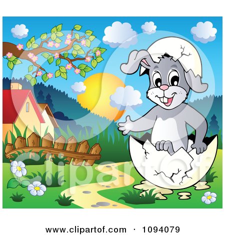 Clipart Easter Bunny In An Egg Shell In A Meadow - Royalty Free Vector Illustration by visekart