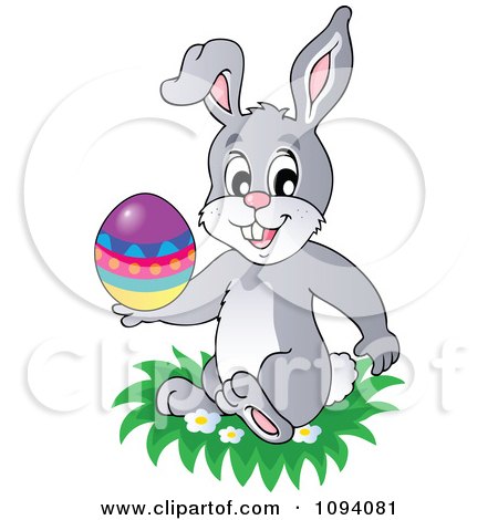 Clipart Easter Bunny Holding An Egg And Sitting In Grass - Royalty Free Vector Illustration by visekart