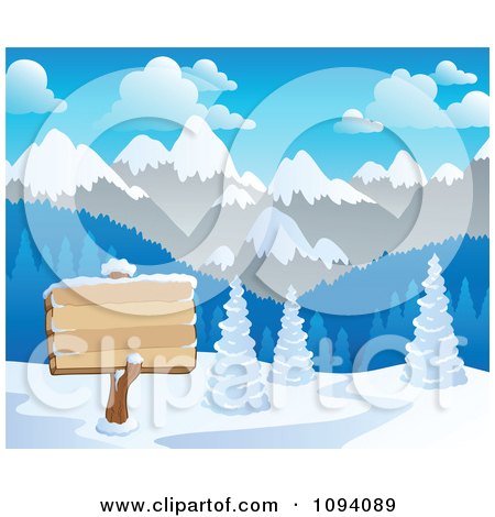 Clipart Winter Landscape Of A Blank Sign Snow And Mountains - Royalty Free Vector Illustration by visekart