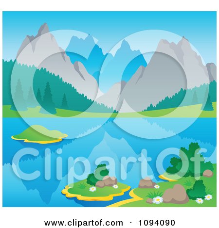 Clipart Summer Mountain Landscape With A Still Lake - Royalty Free Vector Illustration by visekart