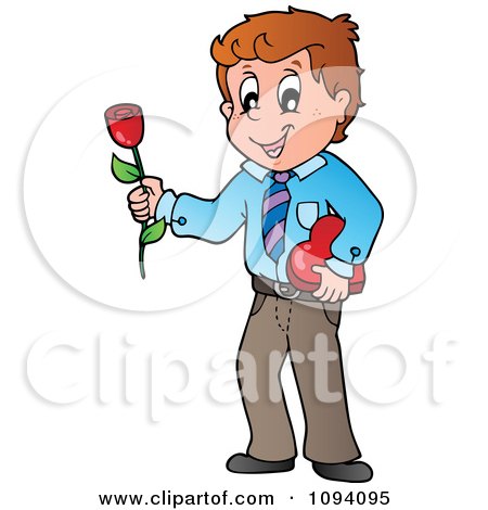 Clipart Valentines Day Man Holding A Red Rose And Box Of Candy - Royalty Free Vector Illustration by visekart