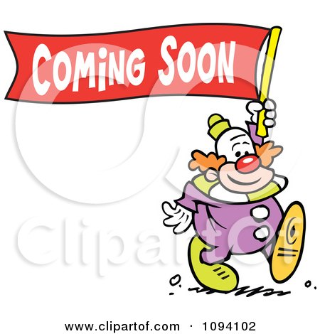 Clipart Clown Carrying A Coming Soon Banner - Royalty Free Vector Illustration by Johnny Sajem