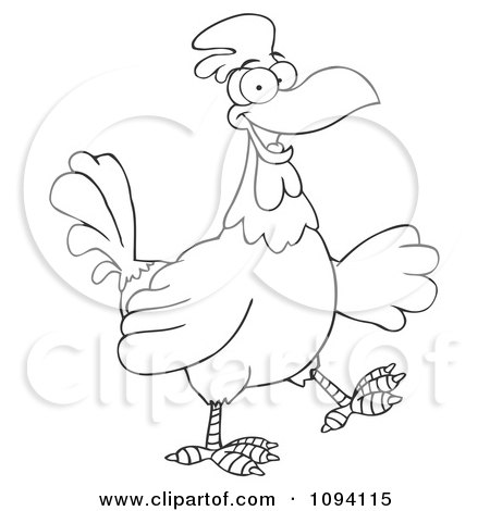 Clipart Outlined Happy Rooster Walking - Royalty Free Vector Illustration by Hit Toon