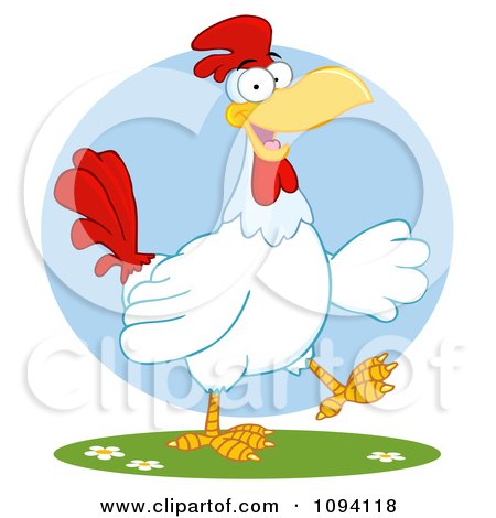 Clipart Happy White Rooster Walking - Royalty Free Vector Illustration by Hit Toon