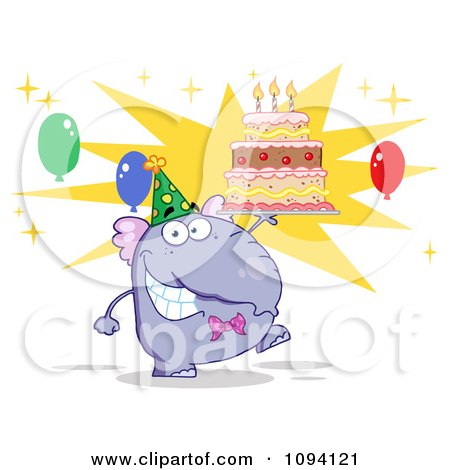 Clipart Purple Birthday Party Elephant Holding A Cake - Royalty Free Vector Illustration by Hit Toon