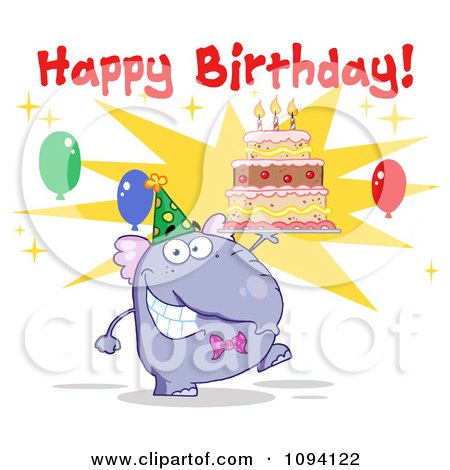 Clipart Purple Party Elephant Holding A Cake Under Happy Birthday Text - Royalty Free Vector Illustration by Hit Toon