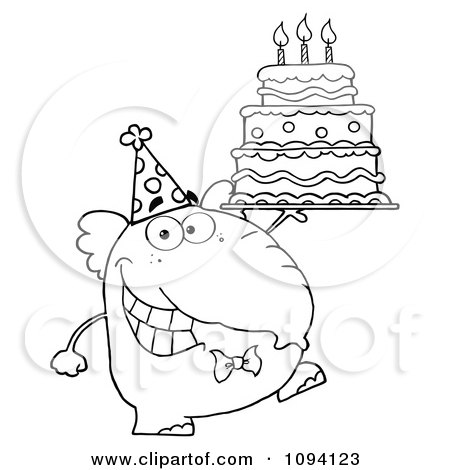Clipart Outlined Party Elephant Holding A Birthday Cake - Royalty Free Vector Illustration by Hit Toon