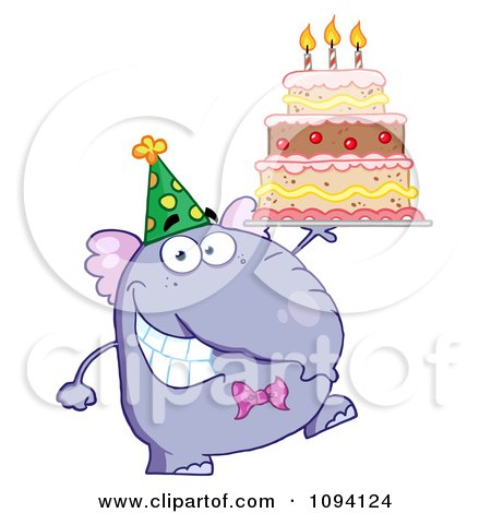 Clipart Purple Party Elephant Holding A Birthday Cake - Royalty Free Vector Illustration by Hit Toon