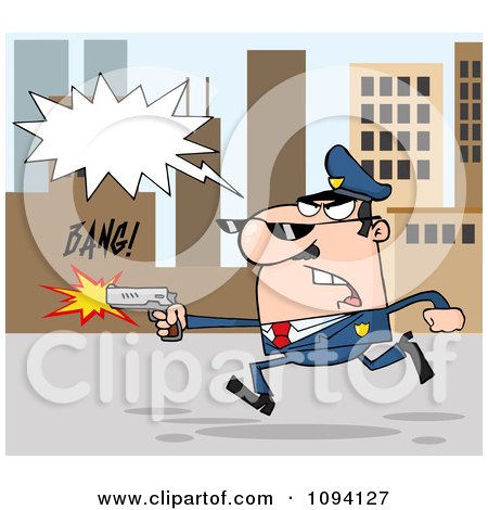 Clipart Male Police Officer Shouting Shooting And Running Through A City - Royalty Free Vector Illustration by Hit Toon