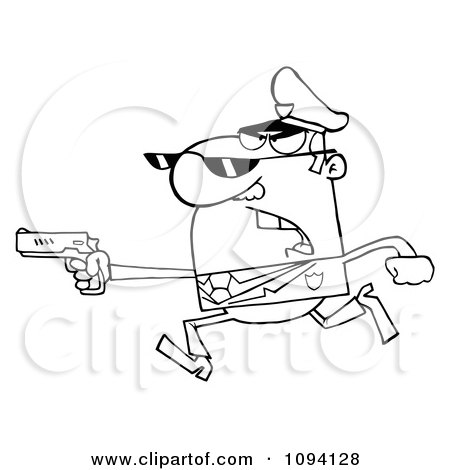 Clipart Outlined Male Police Officer Running With A Gun - Royalty Free Vector Illustration by Hit Toon