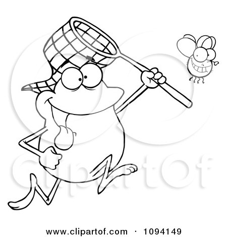 Clipart Outlined Frog Catching A Bug With A Net - Royalty Free Vector Illustration by Hit Toon
