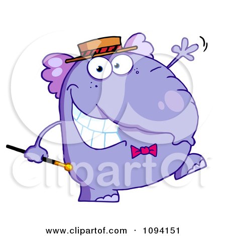 Clipart Happy Purple Elephant With A Cane And Hat Walking Upright And Waving - Royalty Free Vector Illustration by Hit Toon