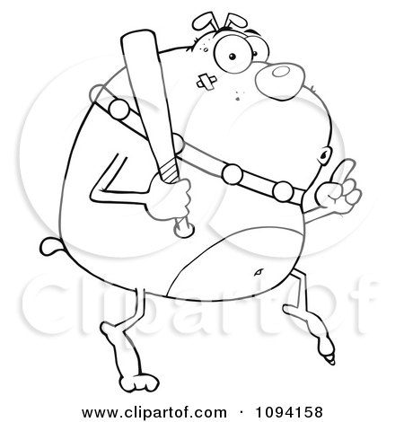 Clipart Outlined Bulldog Sneaking Around On Tip Toes With A Bat - Royalty Free Vector Illustration by Hit Toon