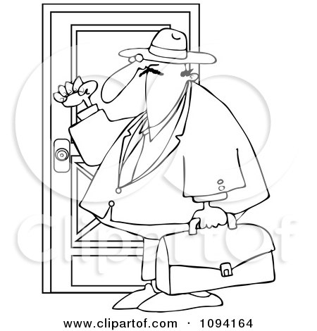 Clipart Outlined Door To Door Salesman Knocking - Royalty Free Vector Illustration by djart