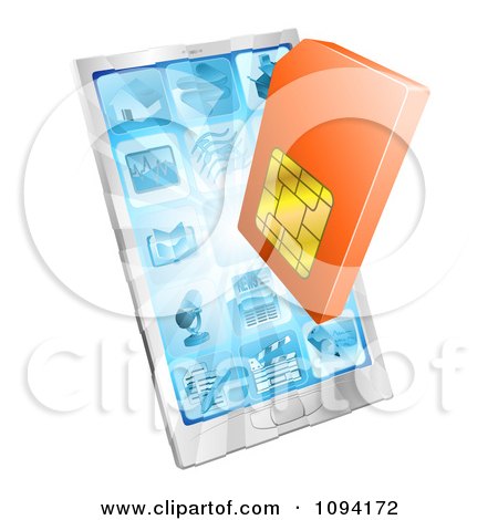 Clipart 3d Orange Sim Card Over A Smart Phone - Royalty Free Vector Illustration by AtStockIllustration