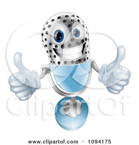 Clipart 3d Silver And Blue Microphone Holding Two Thumbs Up - Royalty Free Vector Illustration by AtStockIllustration