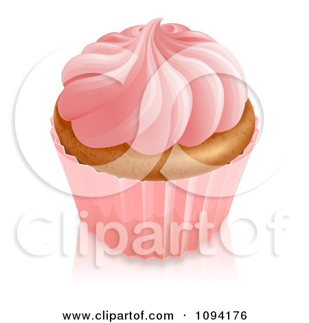 Clipart 3d Cupcake Wtih Pink Frosting And Wrapper - Royalty Free Vector Illustration by AtStockIllustration