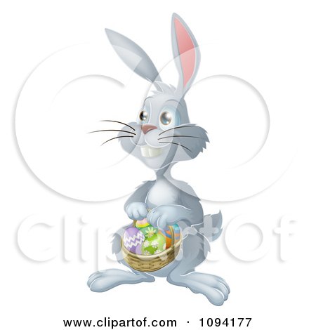 Clipart Gray Bunny Hunting Easter Eggs And Holding A Basket - Royalty Free Vector Illustration by AtStockIllustration