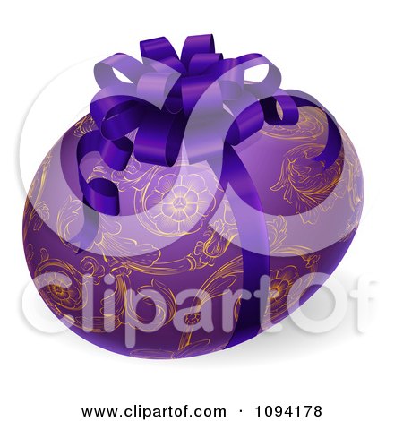 Clipart 3d Purple Easter Egg With An Ornate Floral Pattern And Bow - Royalty Free Vector Illustration by AtStockIllustration