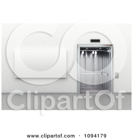 Clipart 3d Blank Billboard Next To An Open Elevator - Royalty Free CGI Illustration by stockillustrations